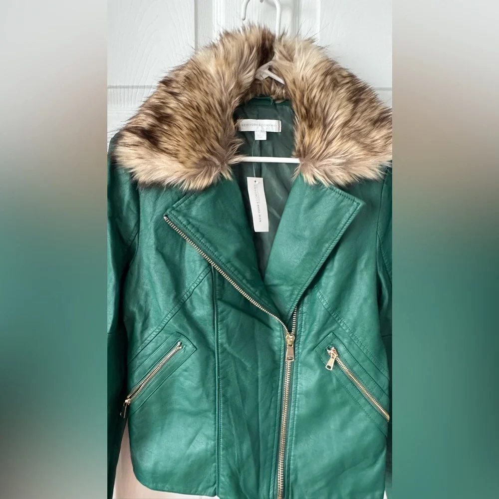 New York & Company Emerald Green Faux Leather Moto Jacket with Faux Fur Trim
